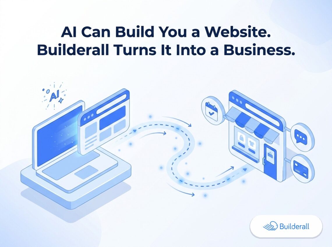 Isometric diagram showing an AI-generated website traveling from a laptop through a hosting journey into a small business storefront with icons for booking, chat, and payments, next to the Builderall logo — illustrating how Builderall turns an AI-built website into a working business.