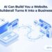 Isometric diagram showing an AI-generated website traveling from a laptop through a hosting journey into a small business storefront with icons for booking, chat, and payments, next to the Builderall logo — illustrating how Builderall turns an AI-built website into a working business.