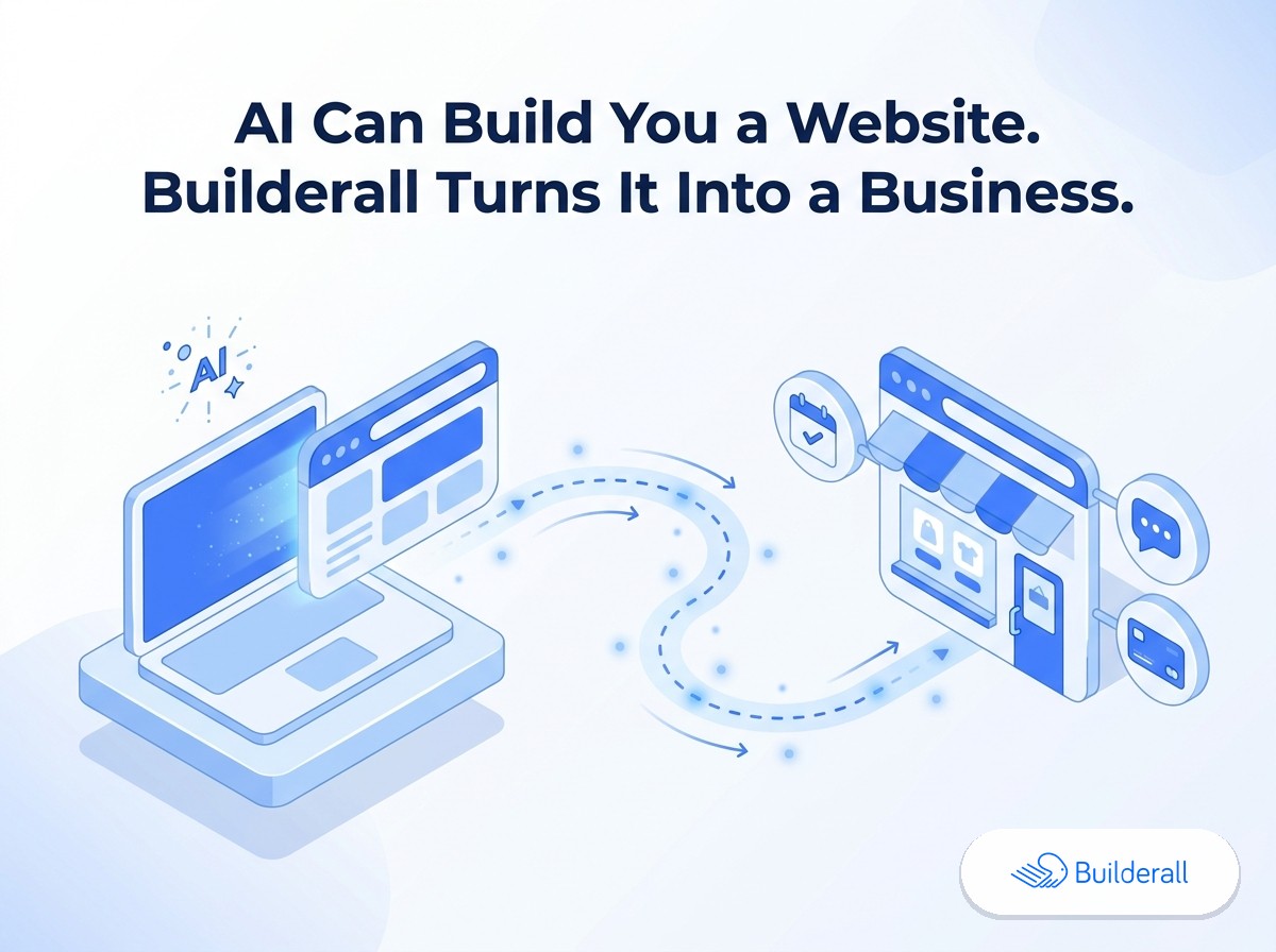 Isometric diagram showing an AI-generated website traveling from a laptop through a hosting journey into a small business storefront with icons for booking, chat, and payments, next to the Builderall logo — illustrating how Builderall turns an AI-built website into a working business.