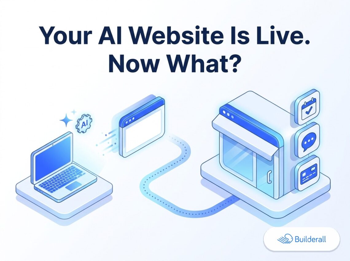 Isometric diagram of a laptop generating an AI-built website that connects to a small storefront equipped with calendar, chat, and payment icons, with the Builderall logo — illustrating the checklist of what a live AI website still needs to become a business.