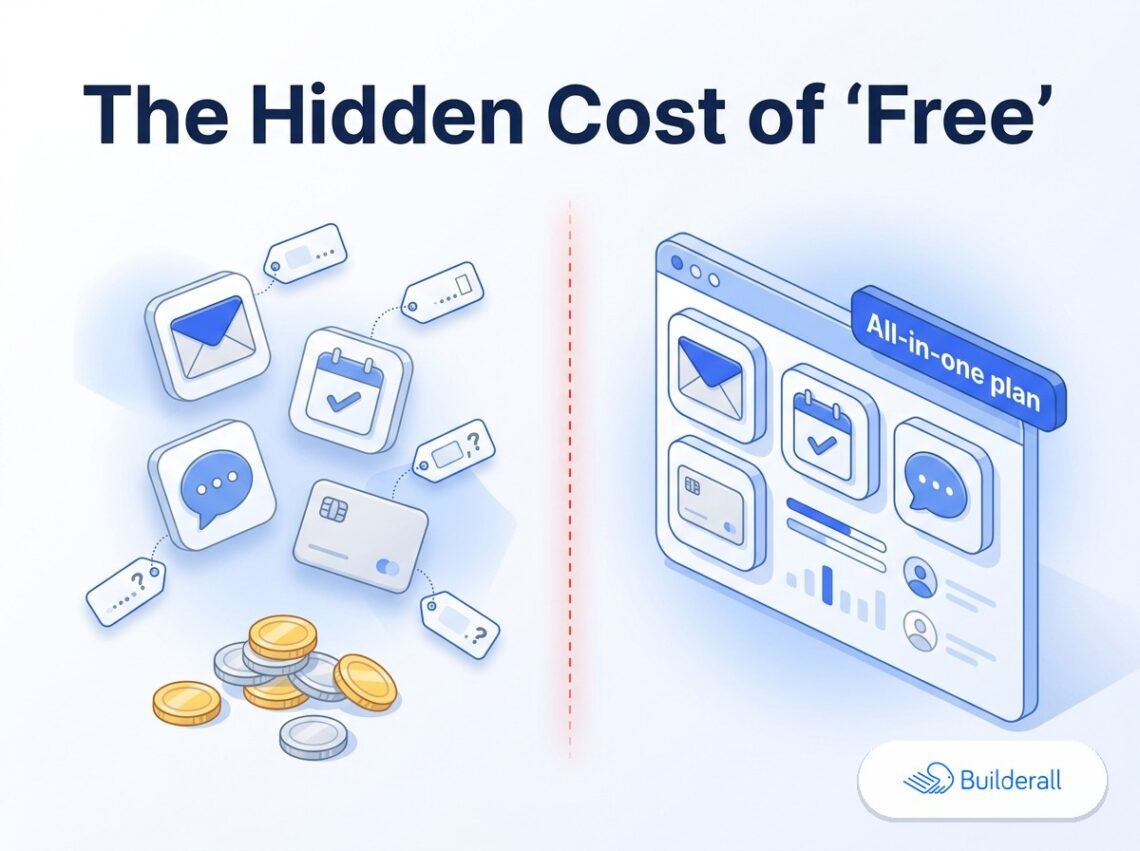 Isometric diagram contrasting a messy pile of separately priced subscription tools (email, calendar, chat, payments) on the left with the same tools unified into one all-in-one dashboard on the right, next to the Builderall logo — illustrating the hidden cost of stitching together a free AI website hosting stack.