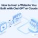 Isometric diagram showing an AI chat interface generating website code that flows into a browser window and becomes a small business storefront with booking, chat, and payment icons, next to the Builderall logo — illustrating how to host a website built with ChatGPT or Claude.