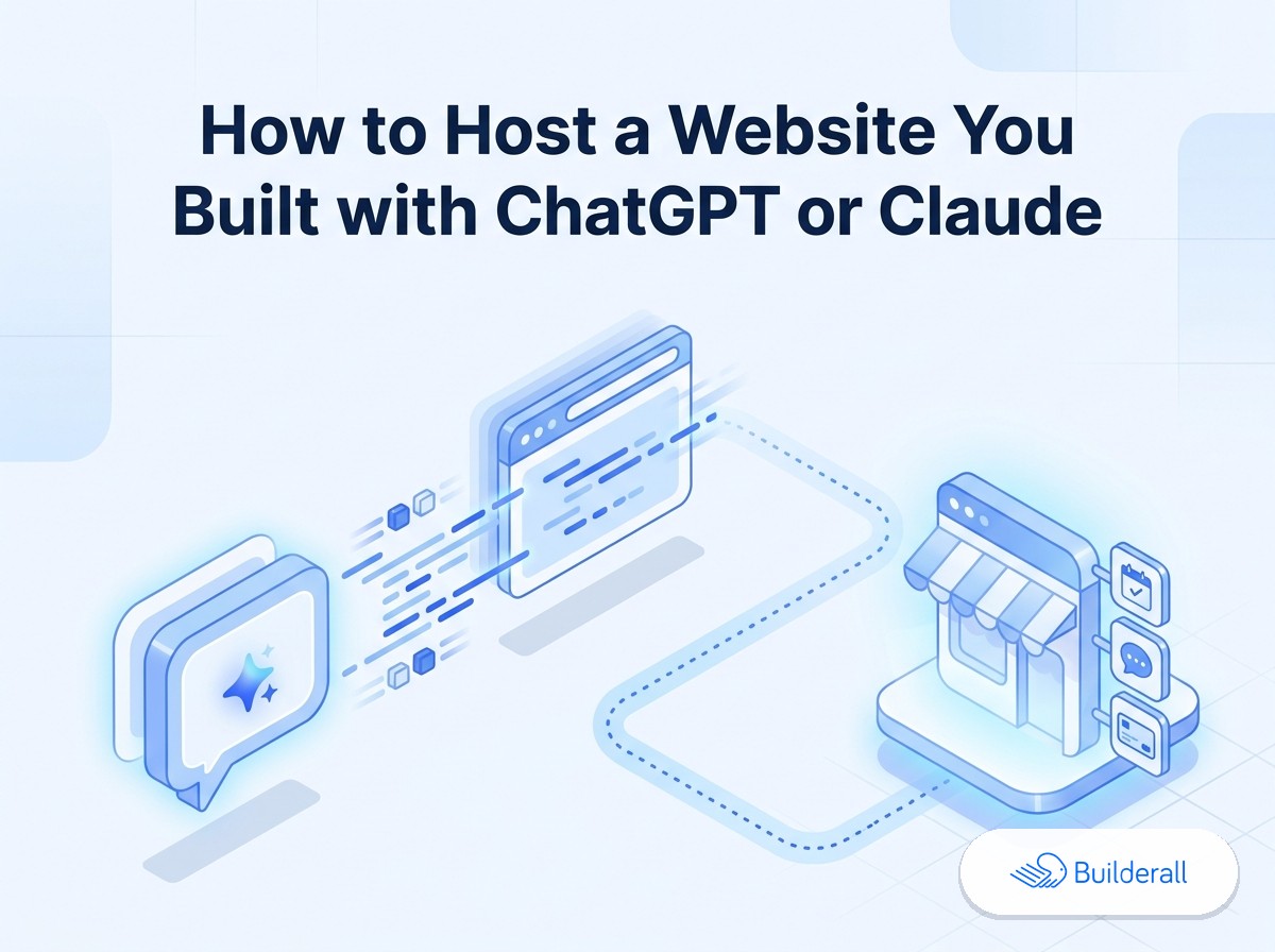 Isometric diagram showing an AI chat interface generating website code that flows into a browser window and becomes a small business storefront with booking, chat, and payment icons, next to the Builderall logo — illustrating how to host a website built with ChatGPT or Claude.