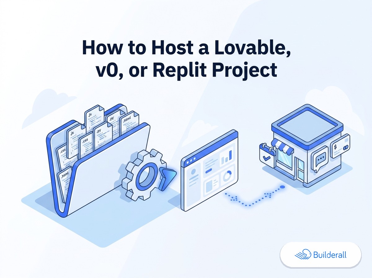 Isometric diagram showing a folder of source code files passing through a build/export step into a finished website, then connecting to a small business storefront with booking, chat, and payment icons, next to the Builderall logo — illustrating how to host a Lovable, v0, or Replit project.