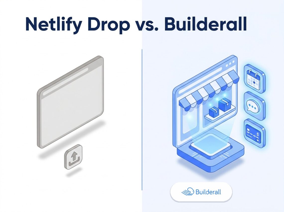 Split isometric diagram comparing a plain empty browser window labeled Netlify Drop on the left to a fully equipped Builderall storefront website with booking, chat, and payment icons on the right, illustrating the comparison between Netlify Drop and Builderall for hosting an AI-generated website.