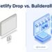 Split isometric diagram comparing a plain empty browser window labeled Netlify Drop on the left to a fully equipped Builderall storefront website with booking, chat, and payment icons on the right, illustrating the comparison between Netlify Drop and Builderall for hosting an AI-generated website.