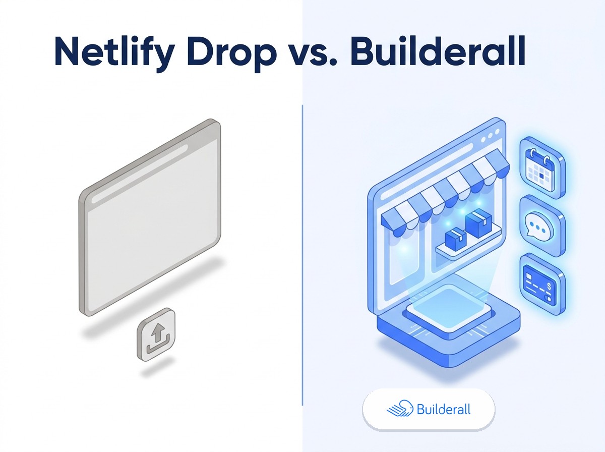 Netlify Drop vs. Builderall for an AI-Generated Website Split isometric diagram comparing a plain empty browser window labeled Netlify Drop on the left to a fully equipped Builderall storefront website with booking, chat, and payment icons on the right, illustrating the comparison between Netlify Drop and Builderall for hosting an AI-generated website.