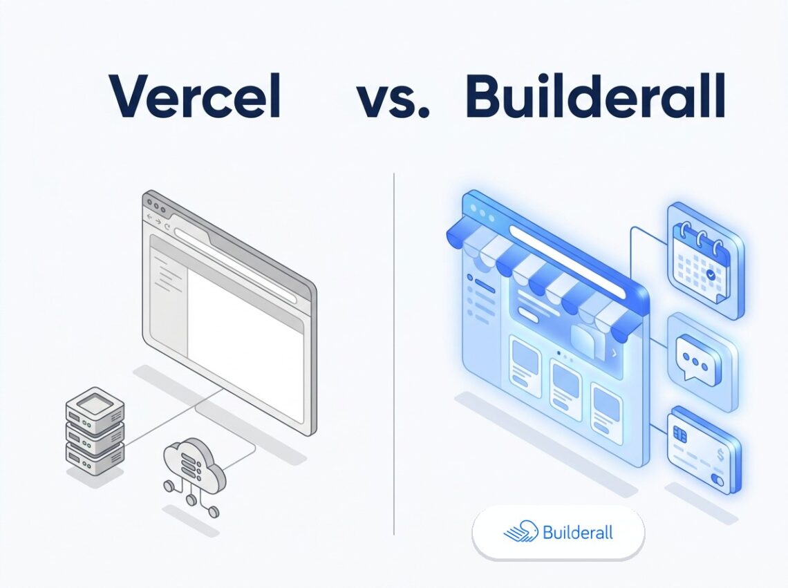 Split isometric diagram comparing a technical server-deployment pipeline labeled Vercel on the left to a fully equipped Builderall storefront website with booking, chat, and payment icons on the right, illustrating the comparison between Vercel and Builderall for hosting an AI-generated website.