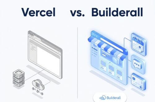 Split isometric diagram comparing a technical server-deployment pipeline labeled Vercel on the left to a fully equipped Builderall storefront website with booking, chat, and payment icons on the right, illustrating the comparison between Vercel and Builderall for hosting an AI-generated website.