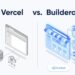 Split isometric diagram comparing a technical server-deployment pipeline labeled Vercel on the left to a fully equipped Builderall storefront website with booking, chat, and payment icons on the right, illustrating the comparison between Vercel and Builderall for hosting an AI-generated website.