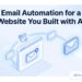 Isometric diagram showing a website sending an automated sequence of emails in increasing size along a timed path, next to the Builderall logo — illustrating email automation for a website built with AI.