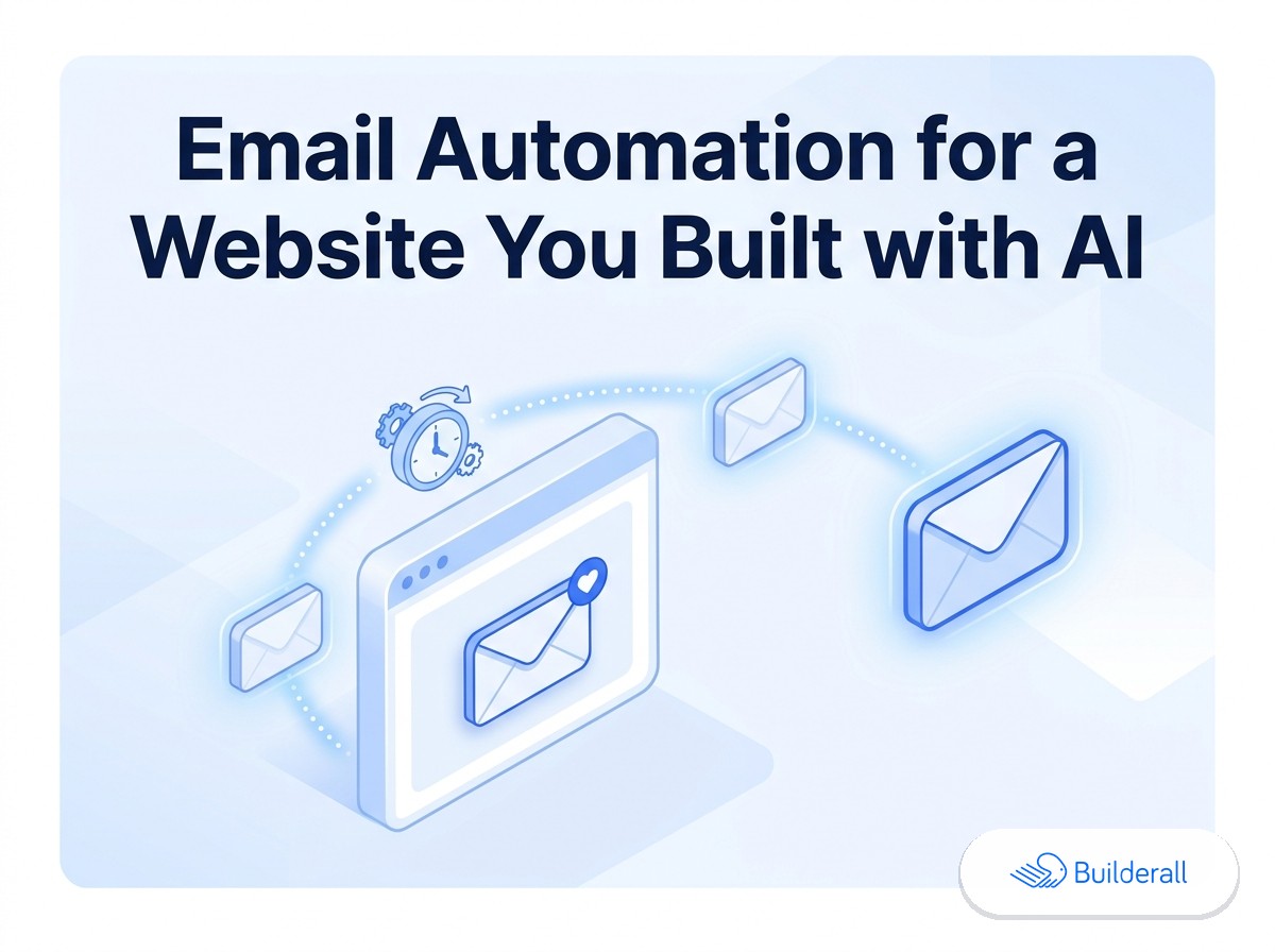 Isometric diagram showing a website sending an automated sequence of emails in increasing size along a timed path, next to the Builderall logo — illustrating email automation for a website built with AI.