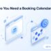 Isometric diagram showing a website connected to a calendar widget with checked-off appointment slots and a clock icon, next to the Builderall logo — illustrating whether an AI-built website needs a booking calendar.