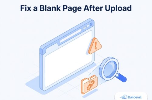 Isometric diagram showing a blank browser window with a warning icon and a magnifying glass inspecting a broken link, next to the Builderall logo — illustrating how to troubleshoot a blank page after uploading an AI-generated website.