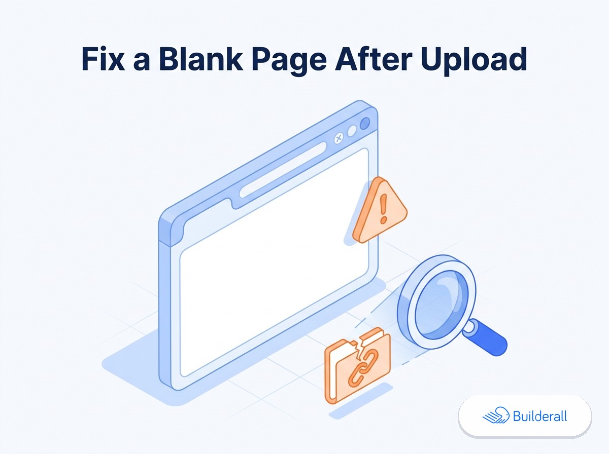 What to Do When Your AI-Generated Site Shows a Blank Page After Upload Isometric diagram showing a blank browser window with a warning icon and a magnifying glass inspecting a broken link, next to the Builderall logo — illustrating how to troubleshoot a blank page after uploading an AI-generated website.
