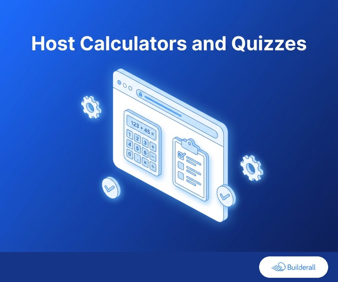Isometric diagram of a browser window showing a calculator and a quiz checklist side by side, illustrating hosting for AI-generated calculators, quizzes, and interactive tools.
