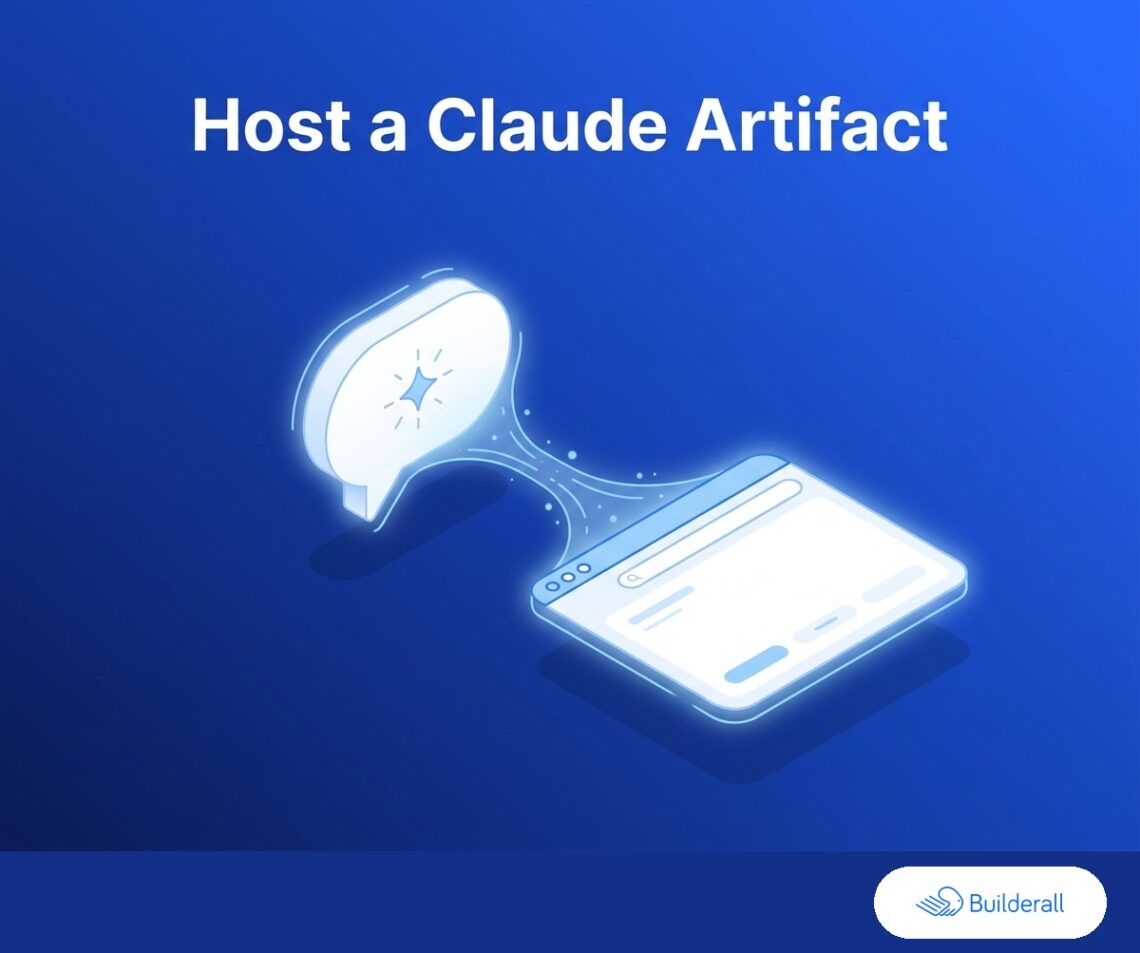 Isometric diagram showing a chat bubble with a sparkle icon morphing directly into a browser window, illustrating how to host a Claude artifact as a live website.