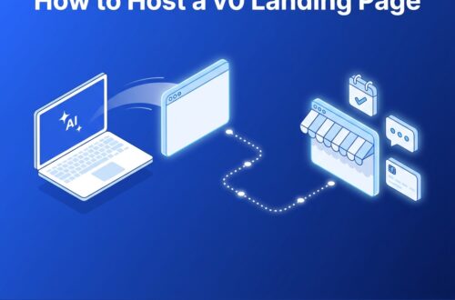 How to Host a v0 Landing Page — Free Preview, Then a Custom Domain When You're Ready Isometric diagram showing a laptop with an AI icon generating a browser window that connects to a small storefront with calendar, chat, and payment icons, illustrating how to host a v0 landing page on Builderall.