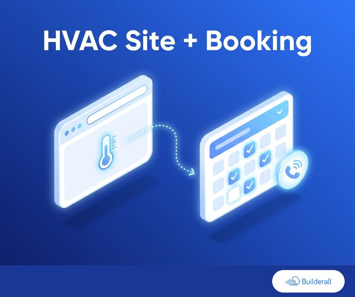 Isometric diagram showing a website with a temperature icon connected to a booking calendar with a call icon, illustrating booking and call routing for an AI-generated HVAC company website.