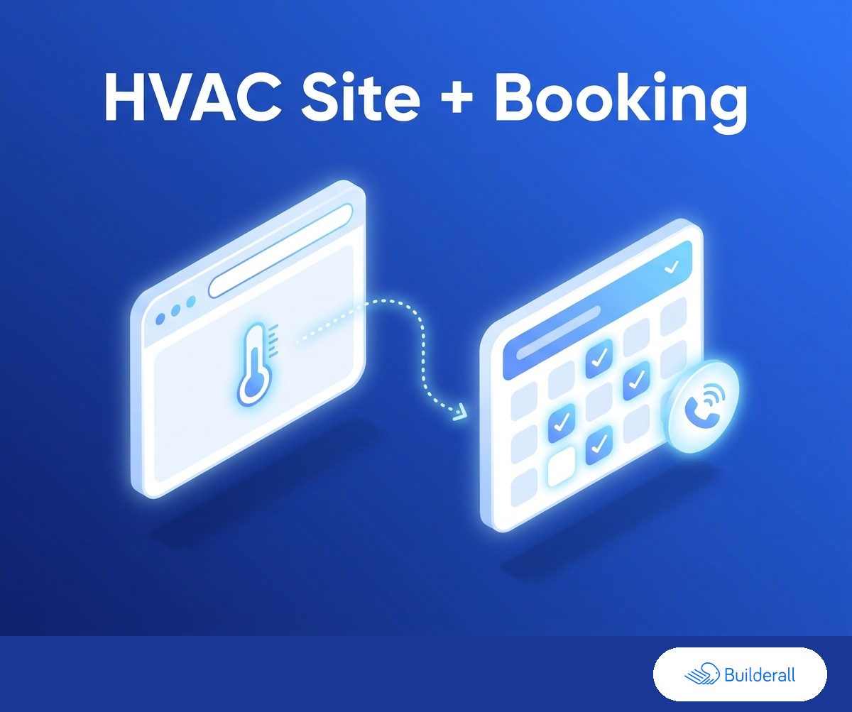 Isometric diagram showing a website with a temperature icon connected to a booking calendar with a call icon, illustrating booking and call routing for an AI-generated HVAC company website.