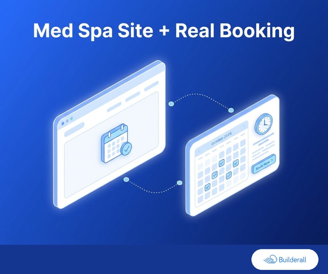 Isometric diagram showing a website connected to a calendar widget with checked-off appointment slots and a book-now button, illustrating real appointment booking for an AI-generated med spa website.