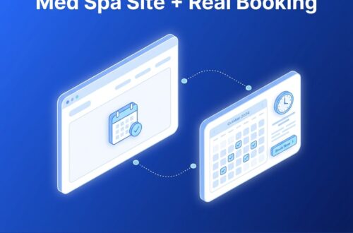 How to Get Your AI-Generated Med Spa Site Online (With Real Appointment Booking) Isometric diagram showing a website connected to a calendar widget with checked-off appointment slots and a book-now button, illustrating real appointment booking for an AI-generated med spa website.