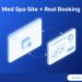 Isometric diagram showing a website connected to a calendar widget with checked-off appointment slots and a book-now button, illustrating real appointment booking for an AI-generated med spa website.